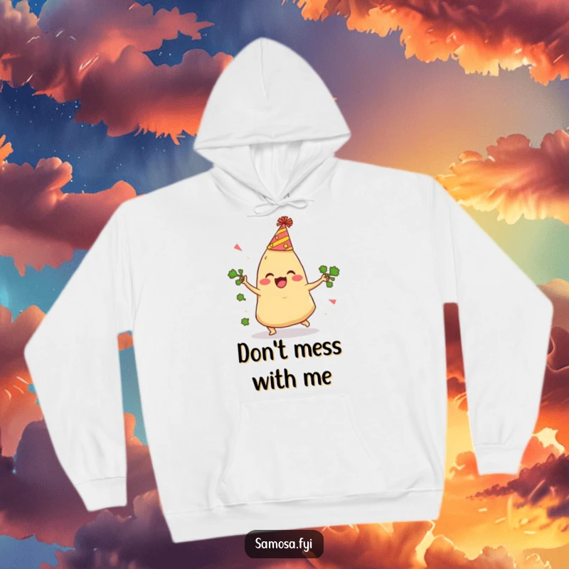 Funny Samosa Hoodie displays a delighted samosa in a party hat comically tripping and juggling cilantro, a warm and witty apparel choice.