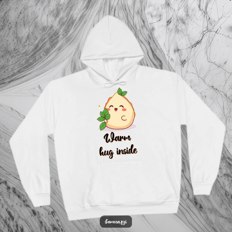 Funny Samosa Hoodie showing a happy samosa offering a mint leaf, cozy and full of humor for a funny gift.