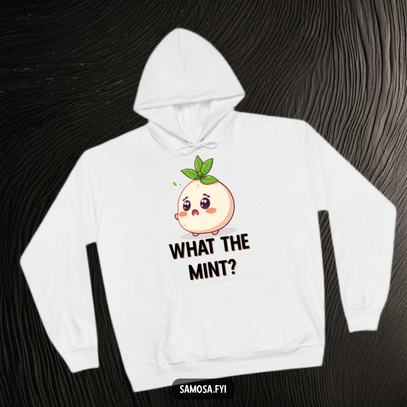 Funny Samosa Hoodie depicts a surprised samosa character with wide eyes reacting to a flying mint leaf, offering comfort and humor.