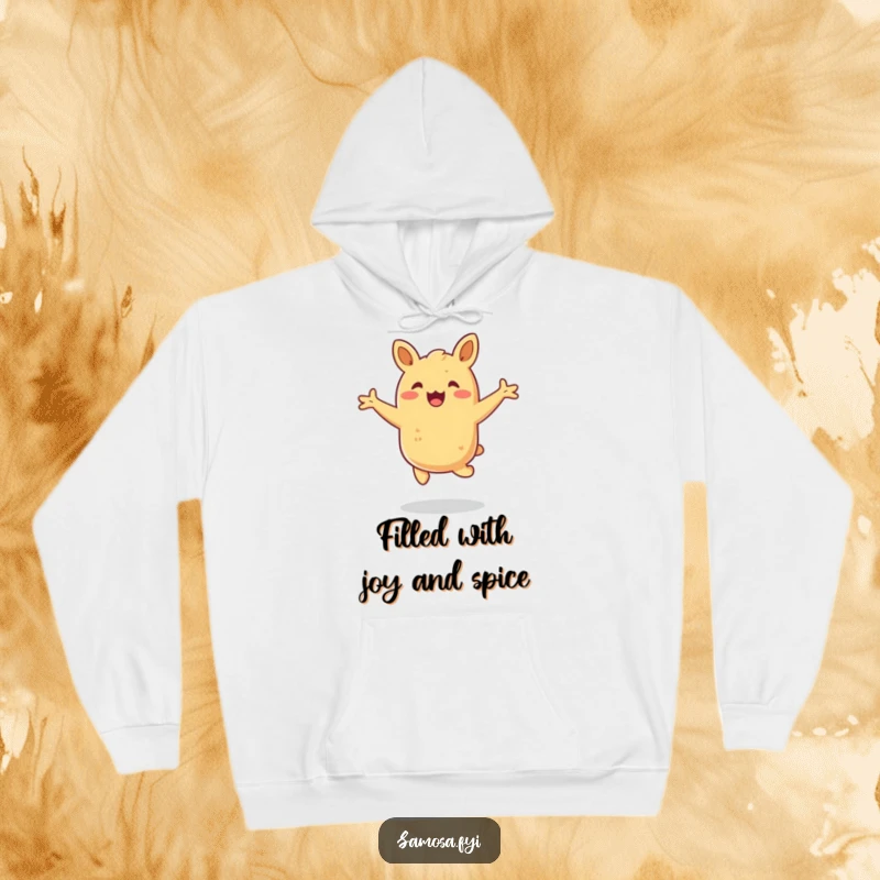 Funny samosa hoodie showing a happy pastry hopping with arms outstretched, offering warmth and exciting vibes.