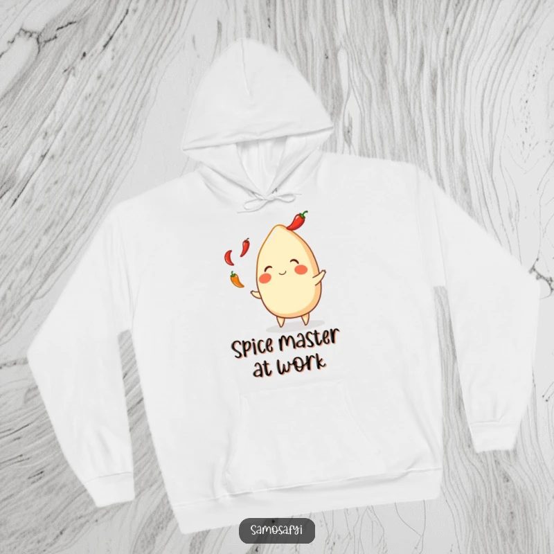 Funny Samosa Hoodie: Smiling Indian snack character gleefully juggling small chili peppers, radiating warmth and spicy humor.