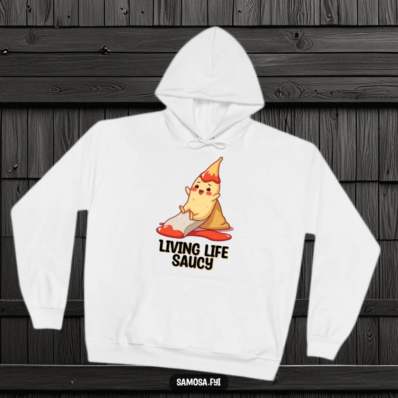 Funny Hoodie: A cheerful samosa character slides down a ketchup slide, perfect for cozy, humorous adventures.