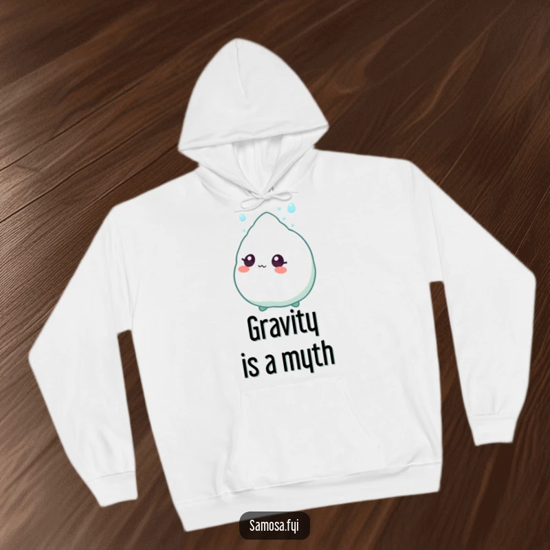 Funny Hoodie showing a samosa character with wide eyes, captivated by a single falling sprinkle, perfect for cozy moments.