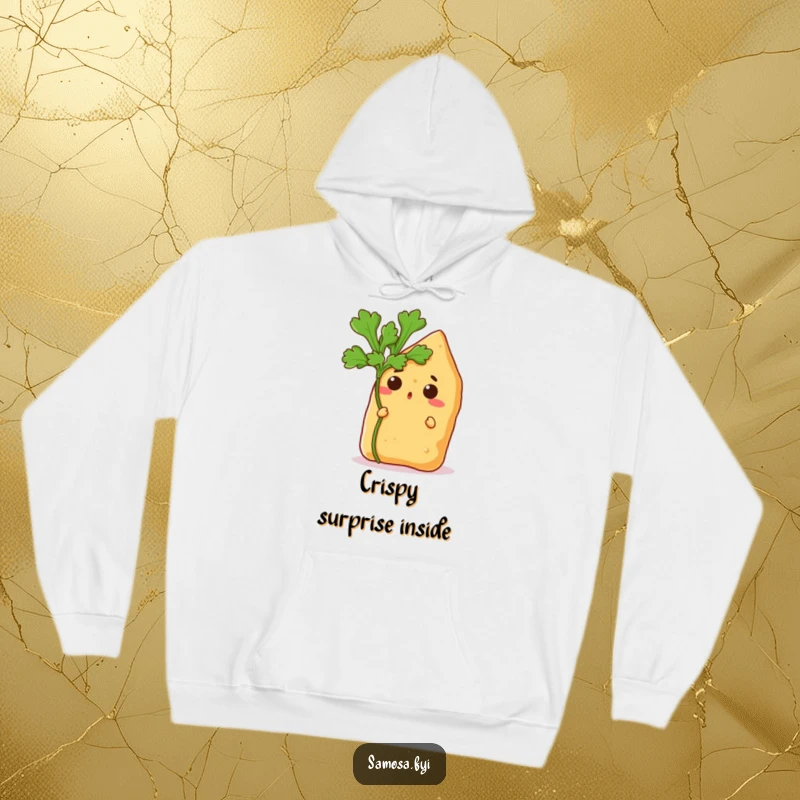 Funny hoodie showcasing a startled samosa mysteriously peeking from behind a lush coriander leaf, ideal for cozy, humorous moments.