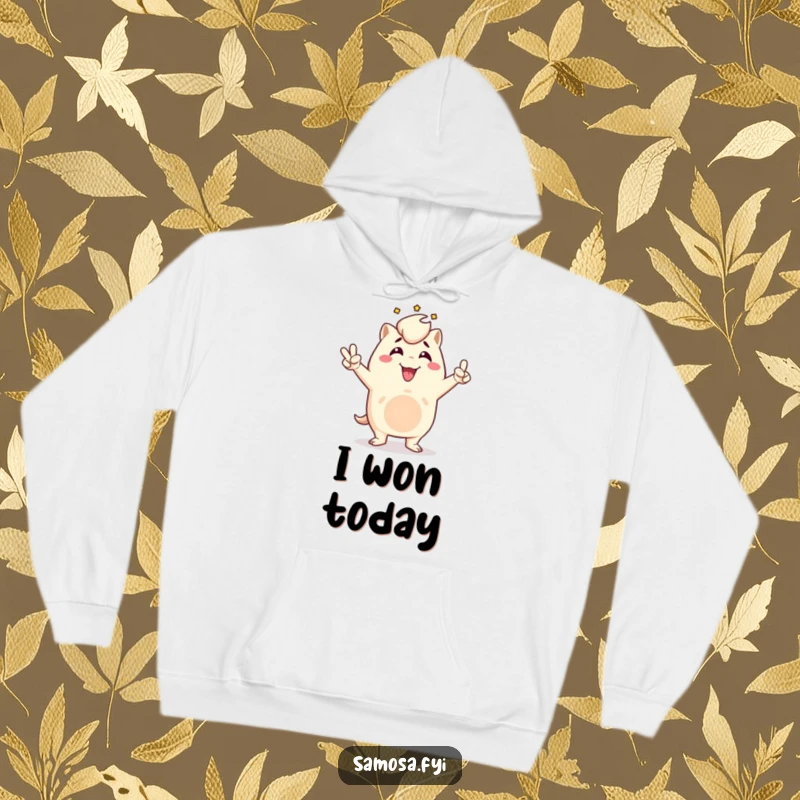 Funny samosa hoodie featuring a triumphant samosa character in a victory pose, offering warmth and a symbol of achievement, a cozy gift.