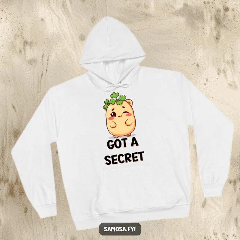 Funny Samosa Hoodie showing a mischievous samosa winking with a parsley hat, cozy and full of humor for a funny gift.