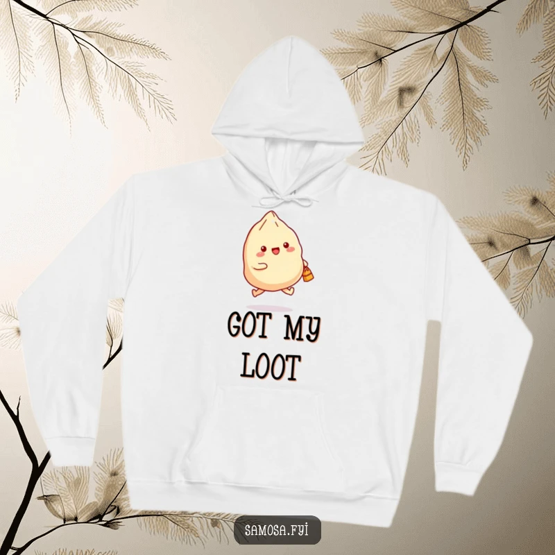 Funny hoodie depicting a samosa joyfully skipping with a small bag, offering warmth and a cheerful, humorous design.