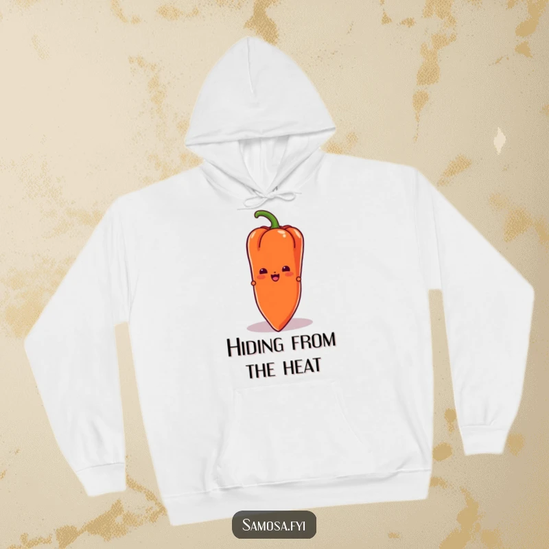Funny Samosa Hoodie featuring a samosa character peeking from behind a large chili pepper, offering warmth and intriguing humor.