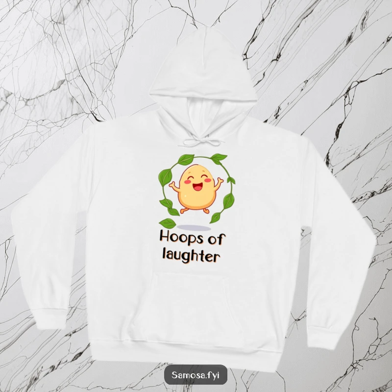 Funny hoodie featuring a laughing samosa with legs, leaping through a hoop of curry leaves, radiating pure joy and energy.