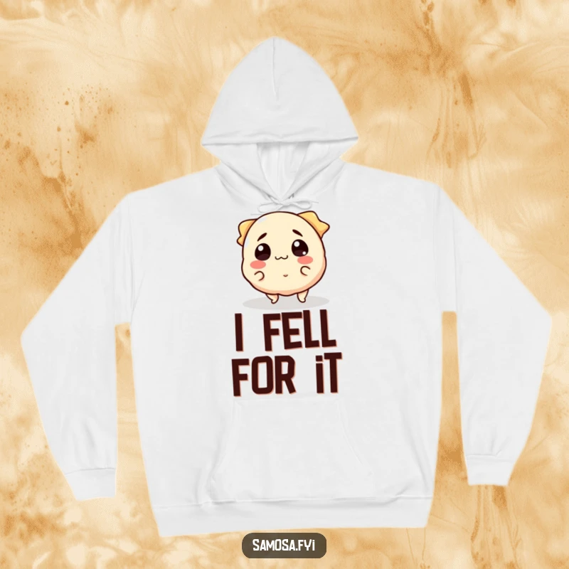 Funny Hoodie displaying a smiling samosa character comically tripping over its edges with a surprised expression.