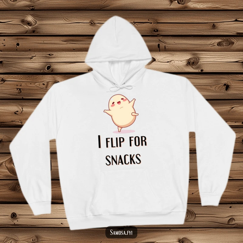 Funny Samosa Hoodie: A cozy sweatshirt showcasing a happy samosa performing a cartwheel, embodying playful energy and snack delight.