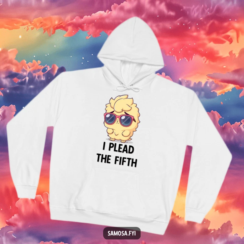 Funny Hoodie with a samosa character sporting oversized sunglasses and an innocent shrug, radiating mystery.