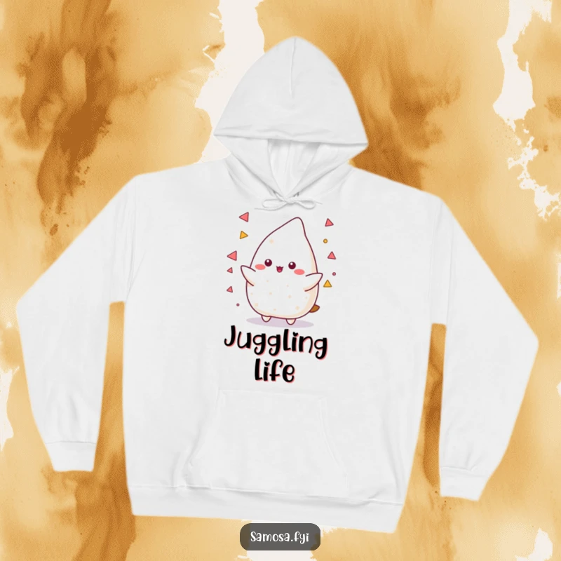 Funny Samosa Hoodie showing a samosa character adeptly juggling tiny triangles, embodying multitasking prowess and playful skill.