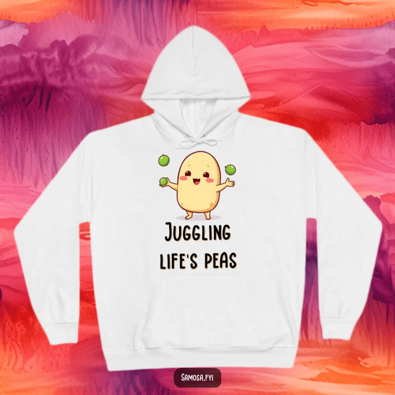 Funny hoodie featuring a happy samosa character juggling three tiny peas, offering cozy charm and playful cheer.