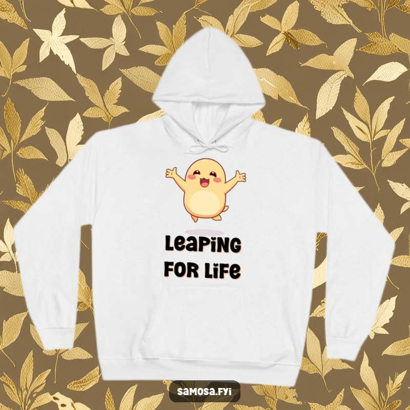 Funny hoodie featuring a happy samosa hopping with arms outstretched, designed for ultimate comfort and humorous delight.