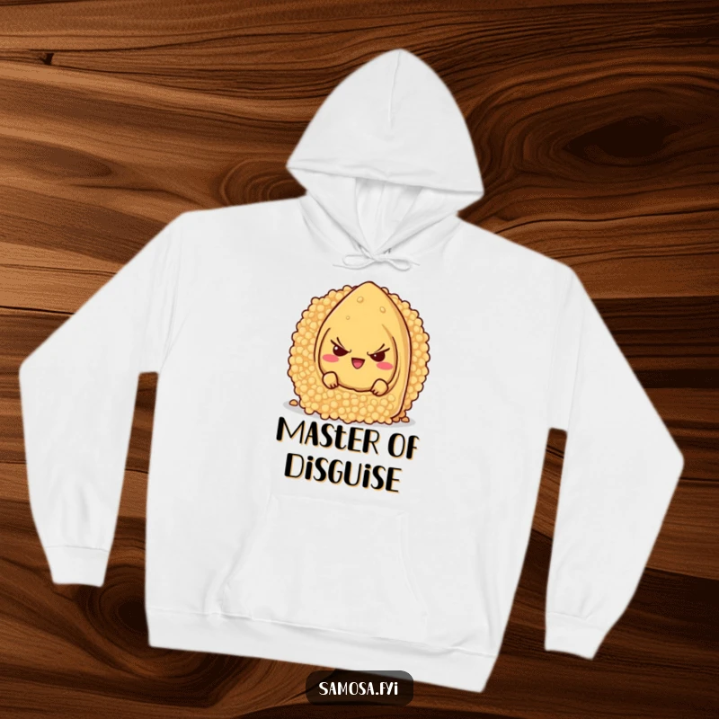 Cozy hoodie featuring a funny samosa character with a mischievous grin, hiding behind a giant couscous grain.
