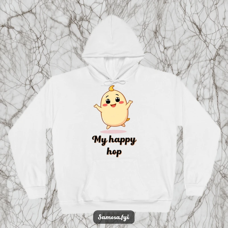 Funny Samosa Hoodie with a cute samosa character doing a funny little hop with a big grin, embodying playful warmth.