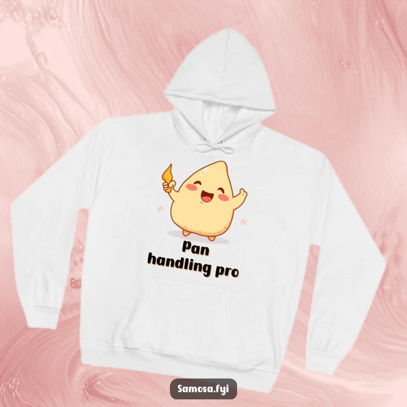 Funny Samosa Hoodie: A warm sweatshirt featuring a happy samosa waving a tiny frying pan, perfect for kitchen enthusiasts.