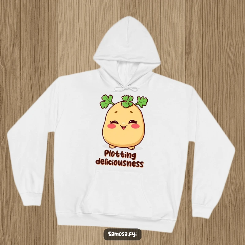 Funny hoodie showing a mischievous samosa winking with a parsley hat, perfect for cozying up.