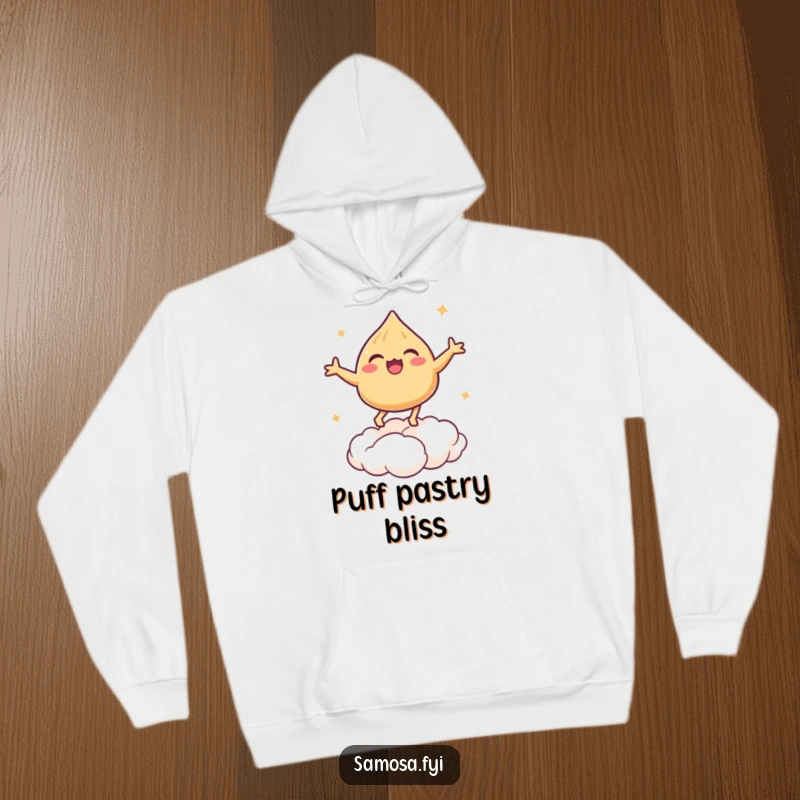 Funny hoodie with a samosa joyfully bouncing on a fluffy puff pastry cloud.