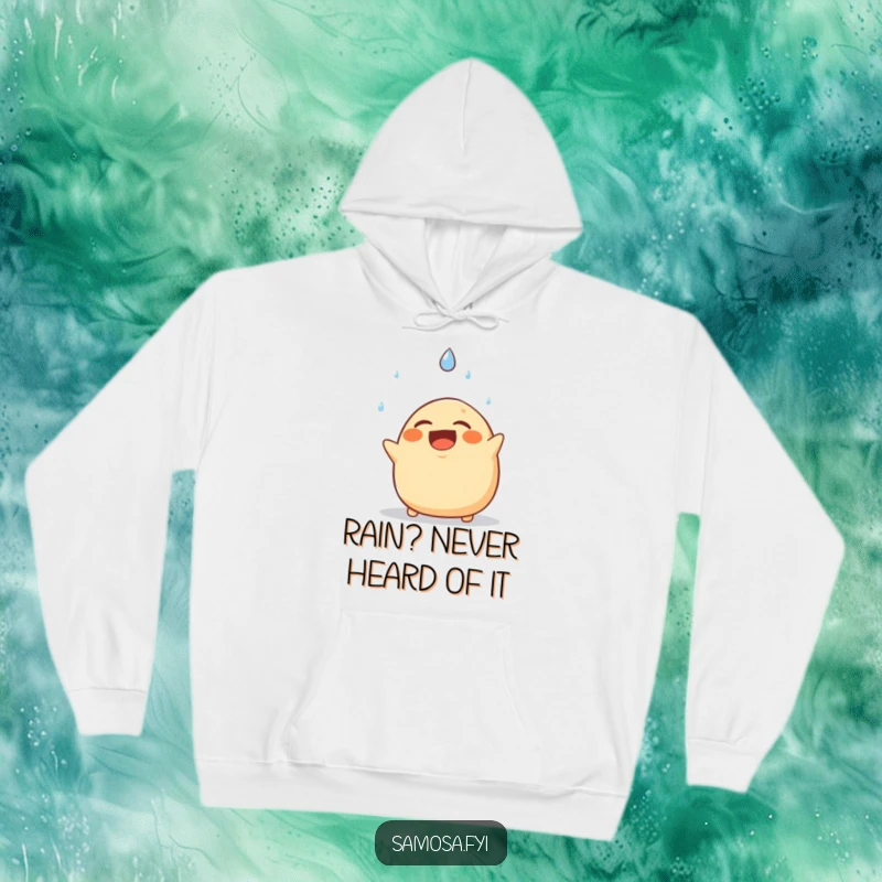 Funny hoodie with a laughing samosa comically evading a falling raindrop, offering cozy comfort and a witty visual gag.