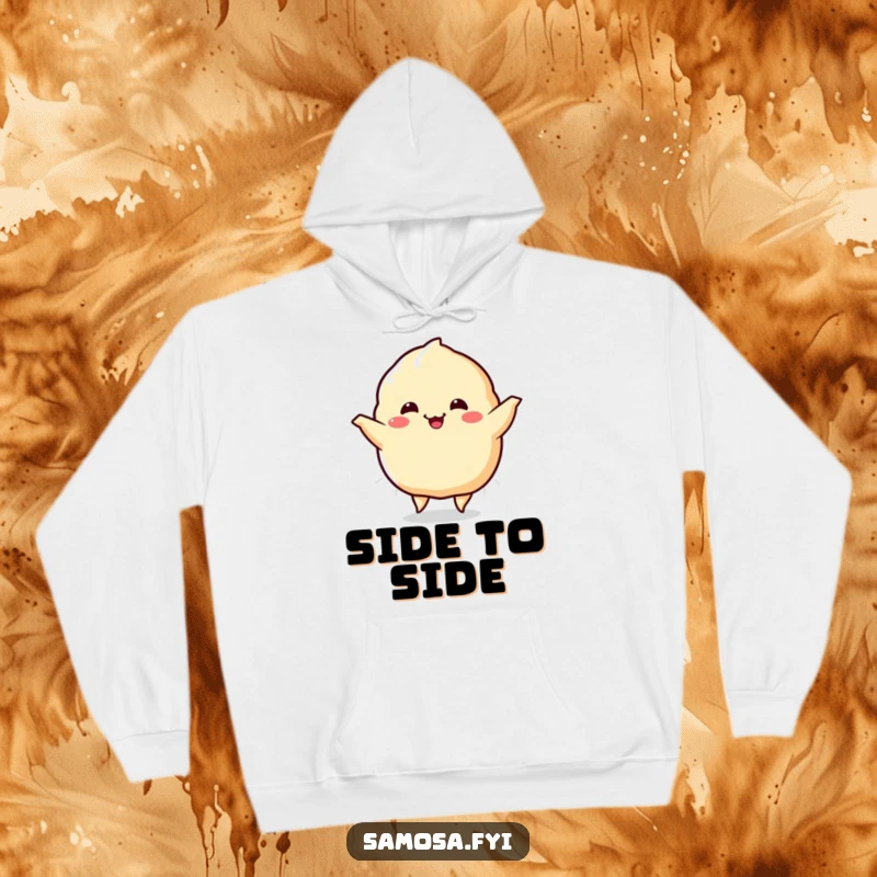 Funny Samosa Hoodie showcasing a cheerful samosa character engaged in a happy dance, its sides wiggling with infectious mirth.