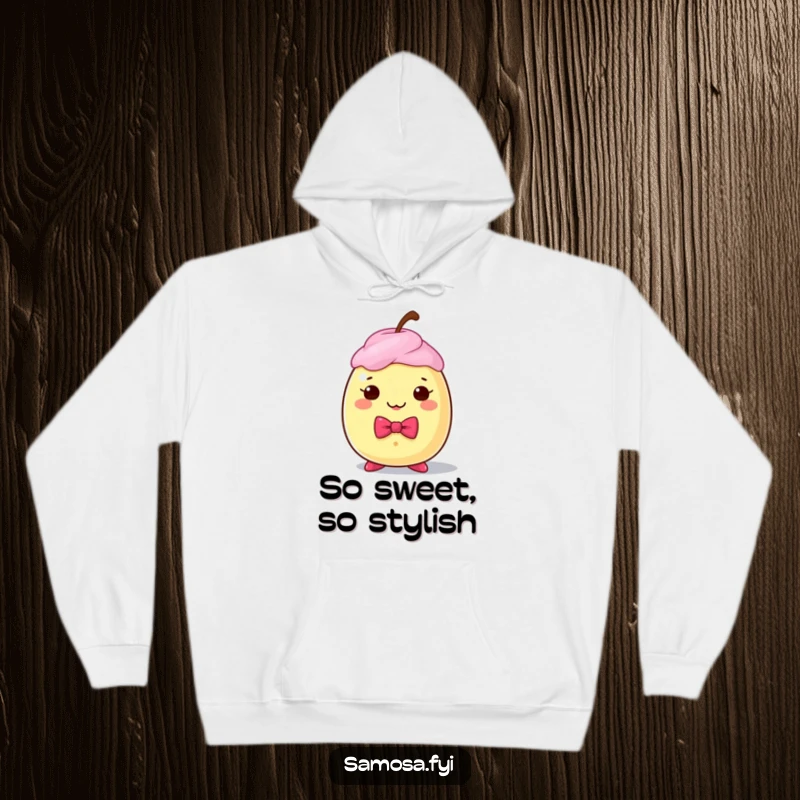 Funny hooded sweatshirt featuring a dapper gulab jamun character with a bow tie, offering warmth and humor.