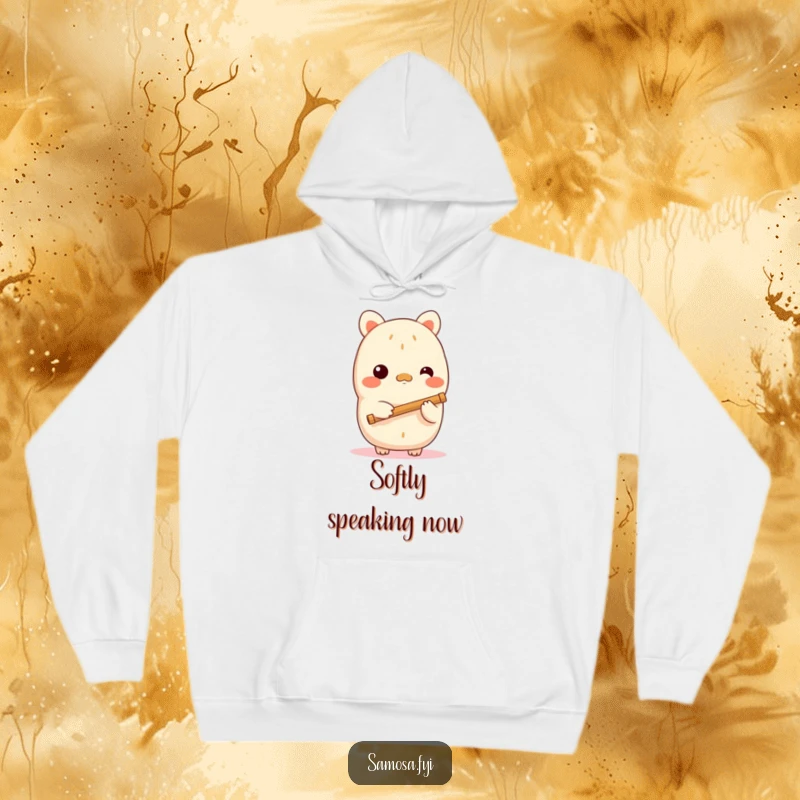 Funny samosa hoodie featuring a shy samosa character holding a tiny flute, offering warmth and a touch of gentle musical humor, a cozy gift.