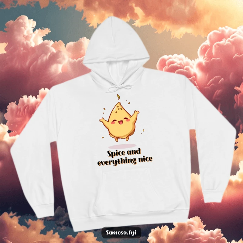 Funny Hoodie showcasing a cumin-garnished samosa in a spirited dance, a warm and humorous apparel choice.