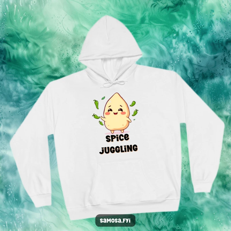 Funny Samosa Juggling Hoodie: A smiling samosa character expertly juggling green chili peppers, perfect for staying warm with a hint of spice.