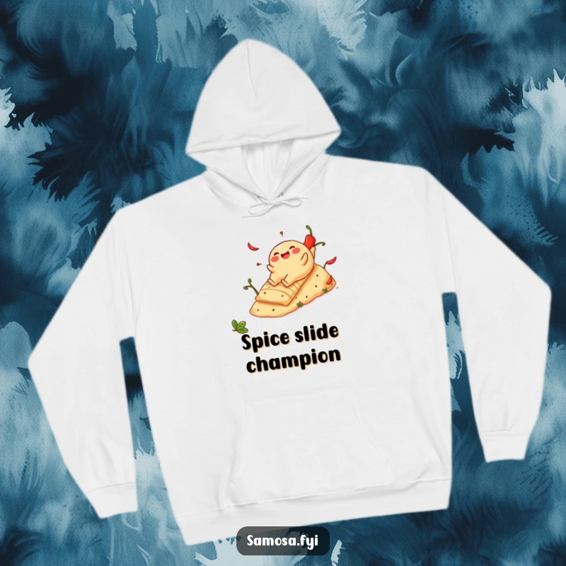 Funny Cheerful Samosa Hoodie: Warm apparel featuring a snack joyfully sliding down a steep hill of red chili peppers.