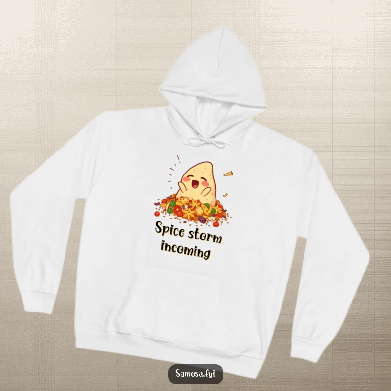 Funny samosa hoodie featuring a giggling samosa character falling into spices, offering warmth and a touch of spicy, comical flavor, a cozy gift.