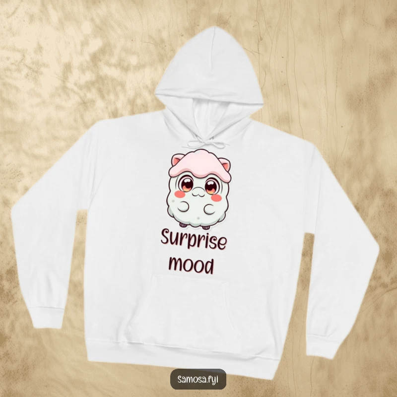 Funny Surprised Samosa Hoodie showing a samosa character with wide, expressive eyes, capturing a moment of comical, snack-related shock.