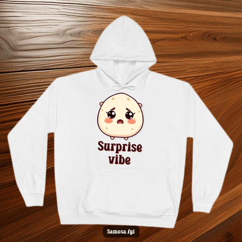 Funny Startled Samosa Hoodie: A samosa character with wide, surprised eyes, perfect for cozying up with a moment of lighthearted shock.