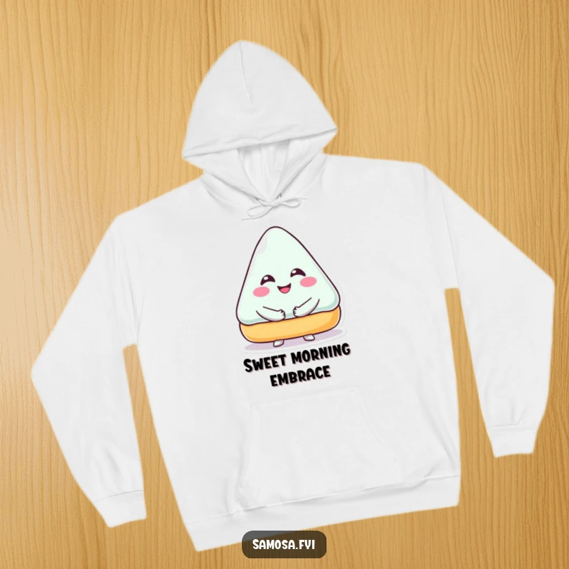 Funny Hoodie featuring a triangular pastry character with a big smile, offering a warm hug, ideal for cozy moments.