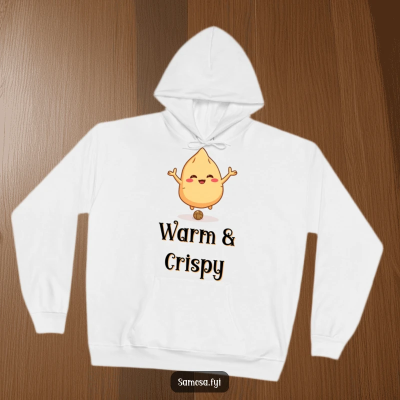 Funny giggling samosa hoodie showing a character with small arms bouncing a lentil like a ball, ideal for cozy fun.