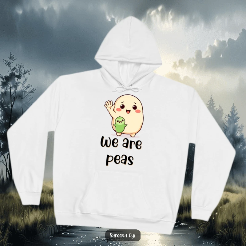 Funny Hoodie with an enthusiastic samosa waving to a pea, offering warmth and a friendly, humorous vibe.