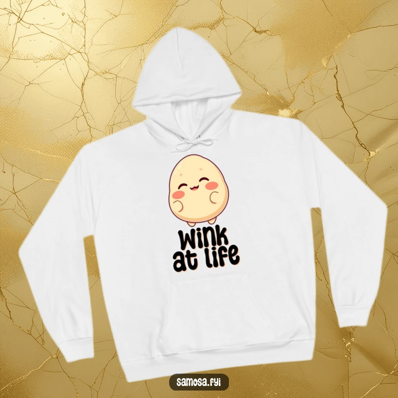 Funny hoodie featuring a blushing samosa with a cheeky grin, playfully winking, radiating a sense of fun and warmth.