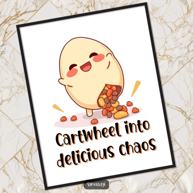 Funny Free Printable Wall Art: Giggling samosa doing a cartwheel, with filling spilling out. Energetic and humorous downloadable decor.