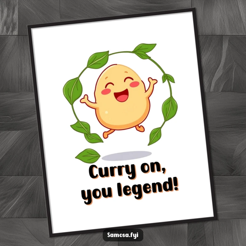 Funny Free Printable Wall Art: A laughing samosa character with legs performs an energetic jump through a hoop of curry leaves.