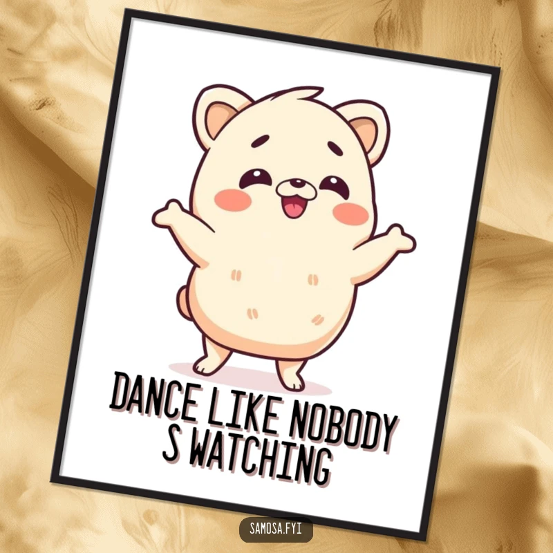 Funny free printable wall art of a samosa character in mid-wiggle dance, adding a playful and energetic touch to any space.