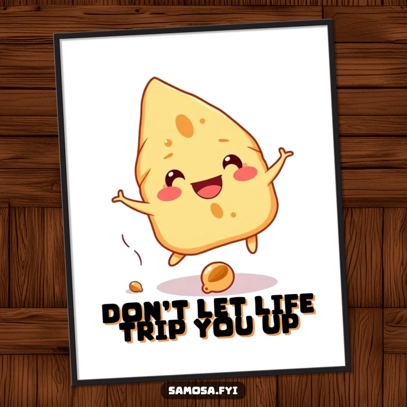 Funny Free Printable Wall Art: A cheerful samosa with a wide grin playfully dodges a falling chickpea, a humorous illustration.