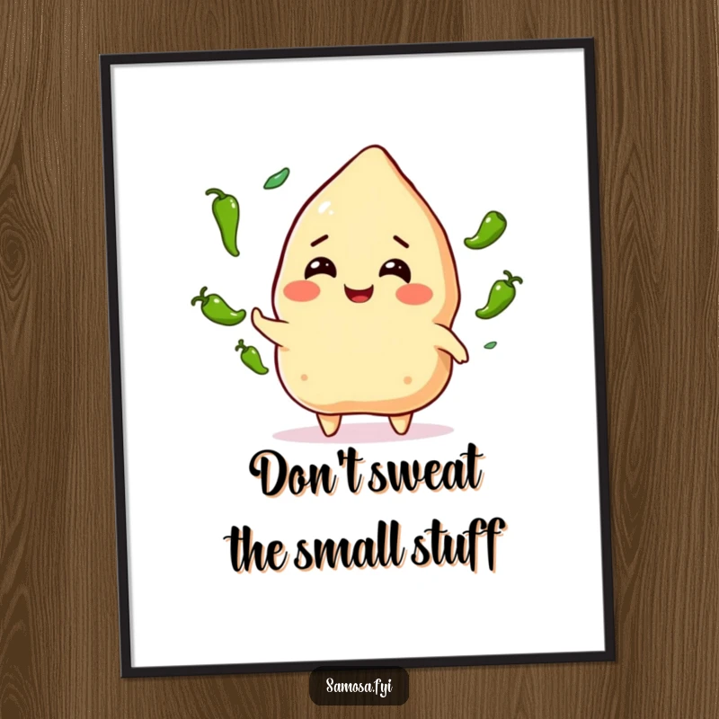 Funny Free Printable Wall Art: Smiling samosa character expertly juggling small green chili peppers with a confident expression.