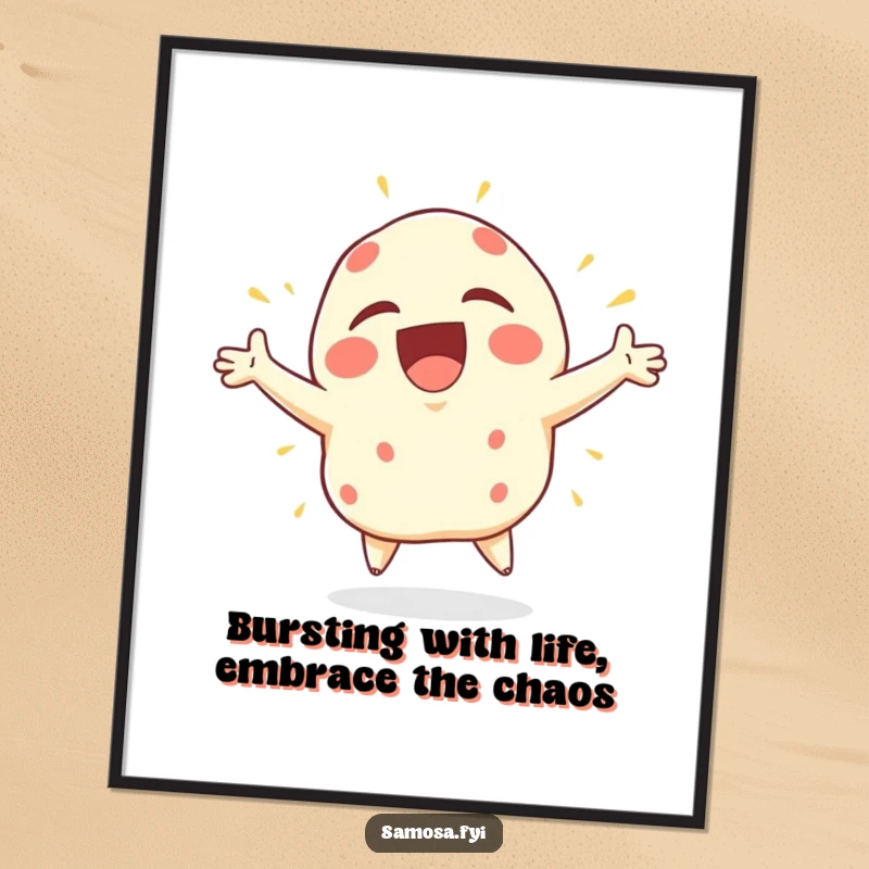 Funny Free Printable Wall Art capturing a samosa character exploding with pure joy, arms flailing wildly in a delightful, energetic display.
