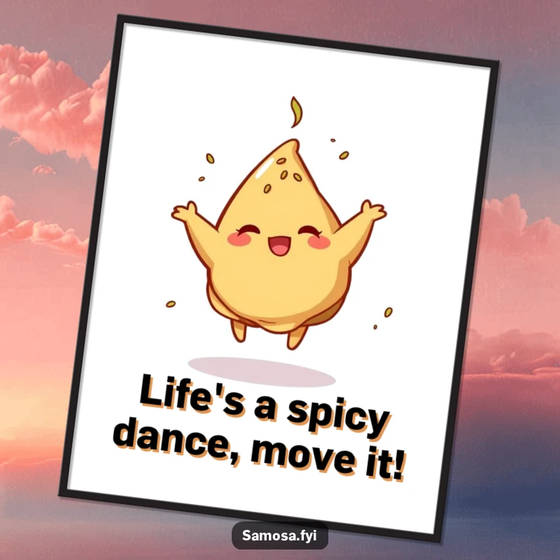 Funny Free Printable wall art of a samosa doing a cumin-garnished dance spin, adding playful energy to the room.