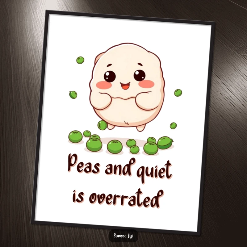 Funny Free Printable Wall Art: A smiling, adorable stuffed dumpling character humorously attempts to catch a cascade of falling peas.