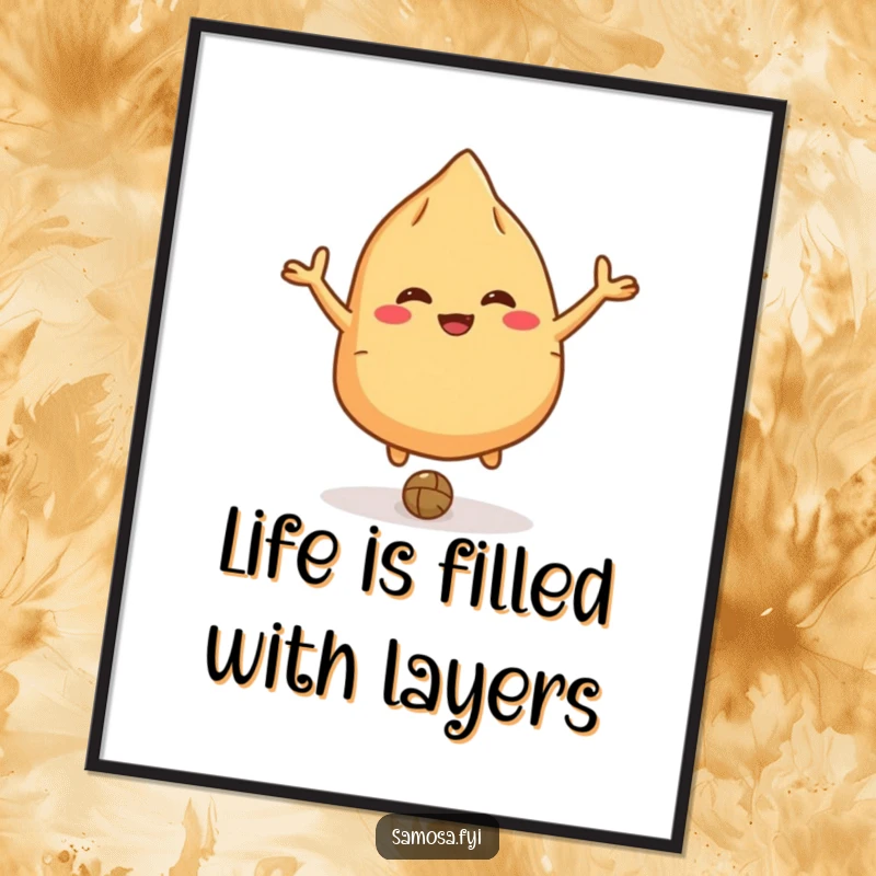 Funny Free Printable Samosa Wall Art: A giggling samosa character energetically bounces a lentil like a ball
