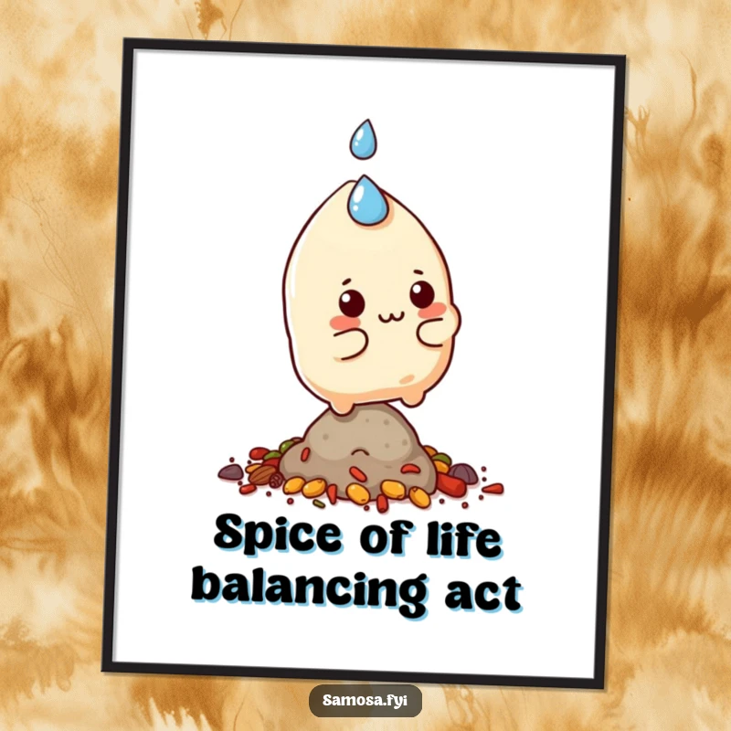 Funny Free Printable Samosa Wall Art, a character sweating and balancing on spices, representing life's amusing challenges.