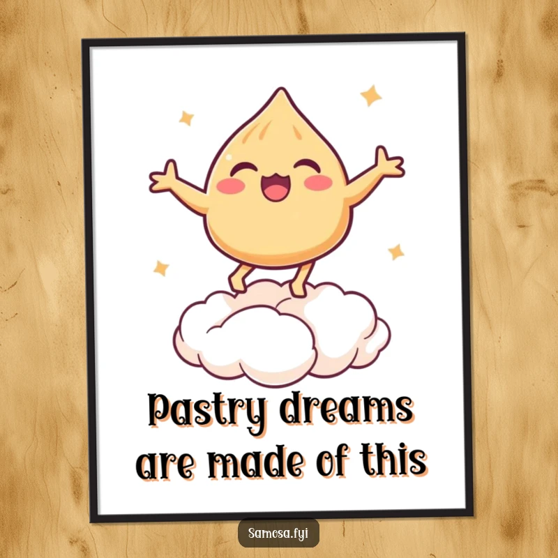 Funny Free Printable Wall Art: A happy samosa gleefully bouncing high on a fluffy puff pastry cloud, radiating pure joy.