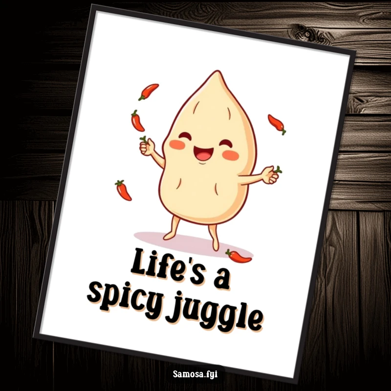Funny Free Printable Wall Art: Energetic samosa character skillfully juggling multiple chili peppers, a vibrant downloadable piece.